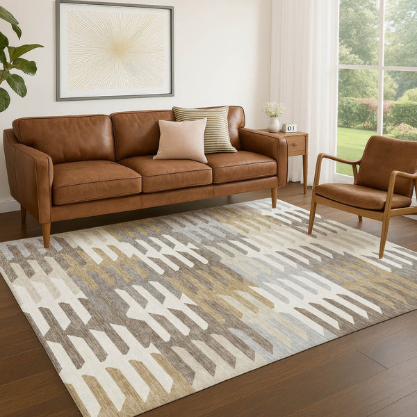 HomeRoots 8' X 10' Taupe Gray & Ivory Geometric Area Rug - Washable, Stain-Resistant, Ideal for Indoor/Outdoor Use 659589