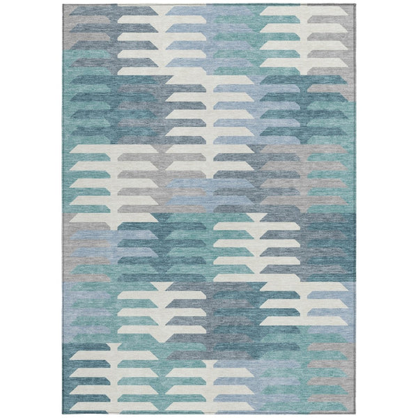 HomeRoots 8' X 10' Teal Blue Ivory Gray Geometric Washable Area Rug for Indoor Outdoor High-Traffic Spaces 659595