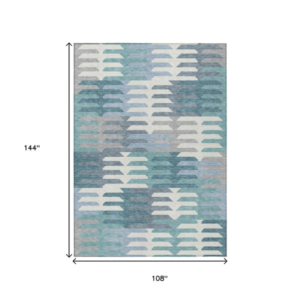 HomeRoots 9' Stylish Geometric Teal Blue Ivory & Gray Washable Area Rug for Indoor/Outdoor High-Traffic Spaces 659596