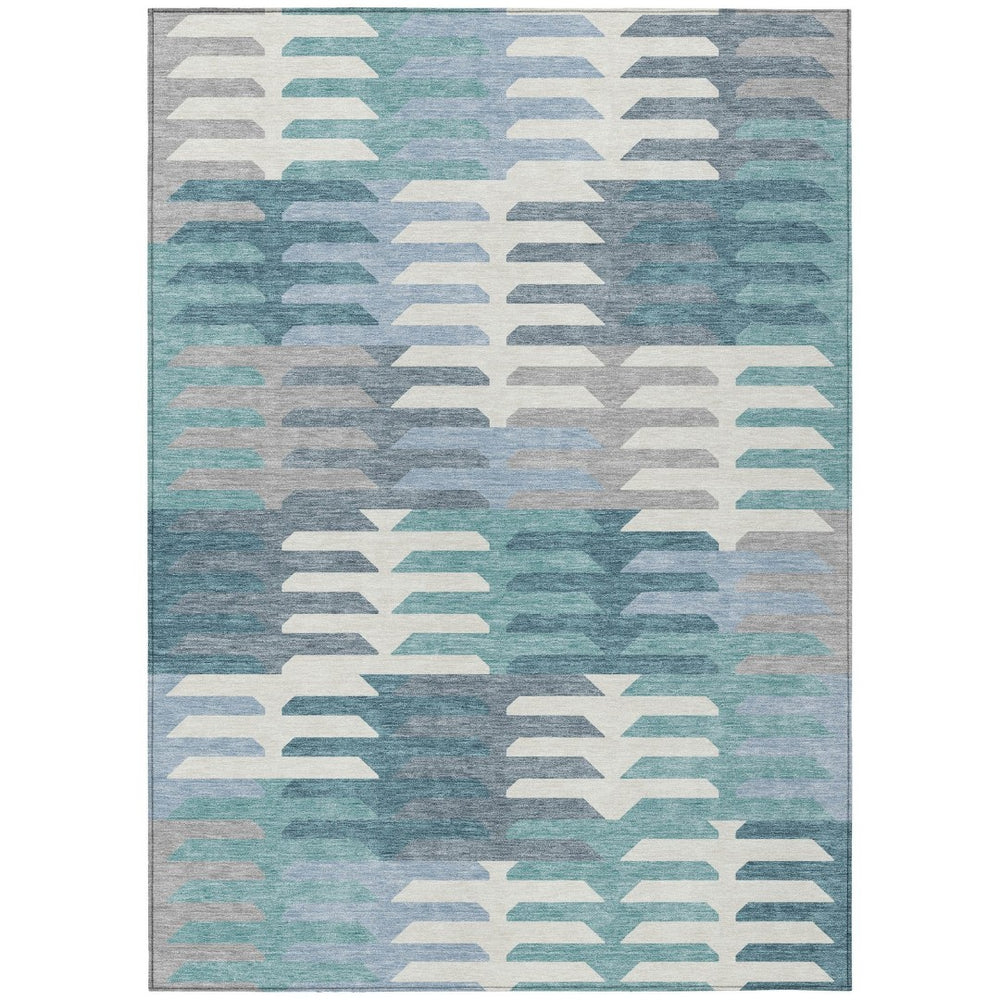 HomeRoots 9' Stylish Geometric Teal Blue Ivory & Gray Washable Area Rug for Indoor/Outdoor High-Traffic Spaces 659596