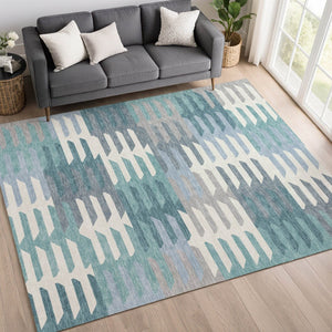 HomeRoots 9' Stylish Geometric Teal Blue Ivory & Gray Washable Area Rug for Indoor/Outdoor High-Traffic Spaces 659596