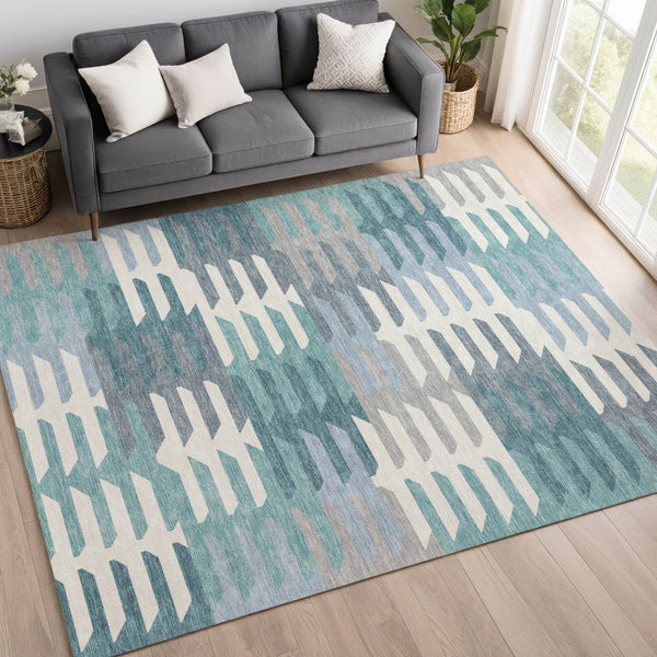 HomeRoots 9' Stylish Geometric Teal Blue Ivory & Gray Washable Area Rug for Indoor/Outdoor High-Traffic Spaces 659596