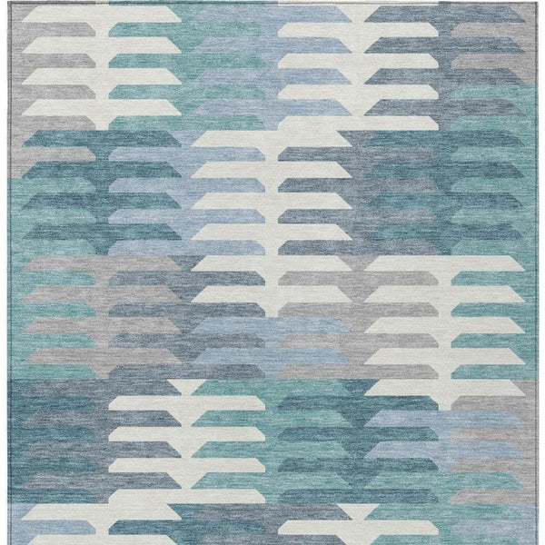 HomeRoots 10' Geometric Teal Blue, Ivory & Gray Washable Area Rug for Indoor/Outdoor High-Traffic Spaces 659597