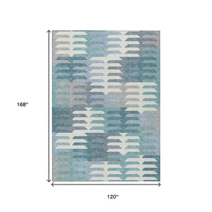HomeRoots 10' Geometric Teal Blue, Ivory & Gray Washable Area Rug for Indoor/Outdoor High-Traffic Spaces 659597