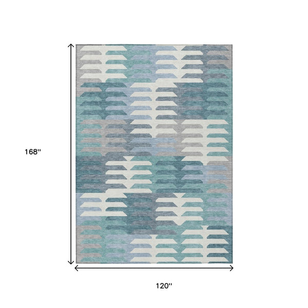 HomeRoots 10' Geometric Teal Blue, Ivory & Gray Washable Area Rug for Indoor/Outdoor High-Traffic Spaces 659597