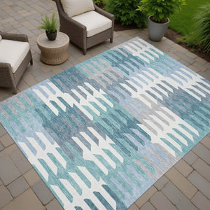 HomeRoots 10' Geometric Teal Blue, Ivory & Gray Washable Area Rug for Indoor/Outdoor High-Traffic Spaces 659597