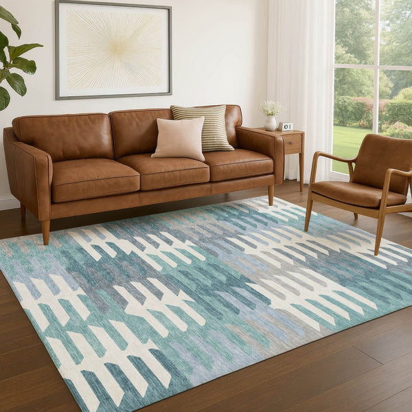 HomeRoots 10' Geometric Teal Blue, Ivory & Gray Washable Area Rug for Indoor/Outdoor High-Traffic Spaces 659597