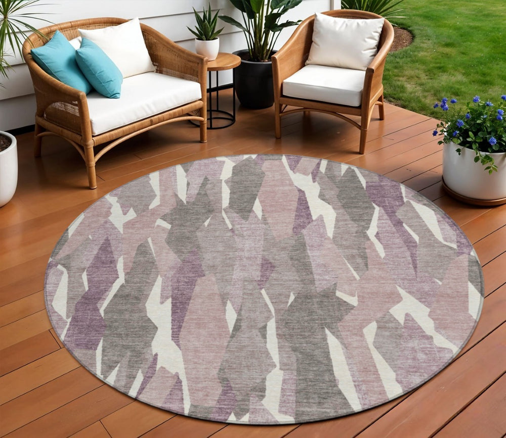 HomeRoots 8' Blush and Ivory Round Striped Area Rug – Stylish, Washable, Durable for Indoor and Outdoor Spaces 659600