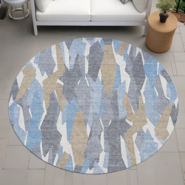HomeRoots 8' Round Striped Area Rug in Denim Blue, Khaki & Ivory – Washable, Durable & Perfect for Indoor/Outdoor Use 659606