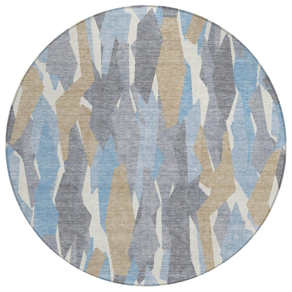 HomeRoots 8' Round Striped Area Rug in Denim Blue, Khaki & Ivory – Washable, Durable & Perfect for Indoor/Outdoor Use 659606