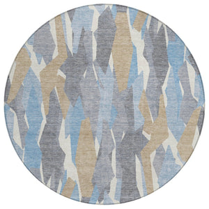 HomeRoots 8' Round Striped Area Rug in Denim Blue, Khaki & Ivory – Washable, Durable & Perfect for Indoor/Outdoor Use 659606