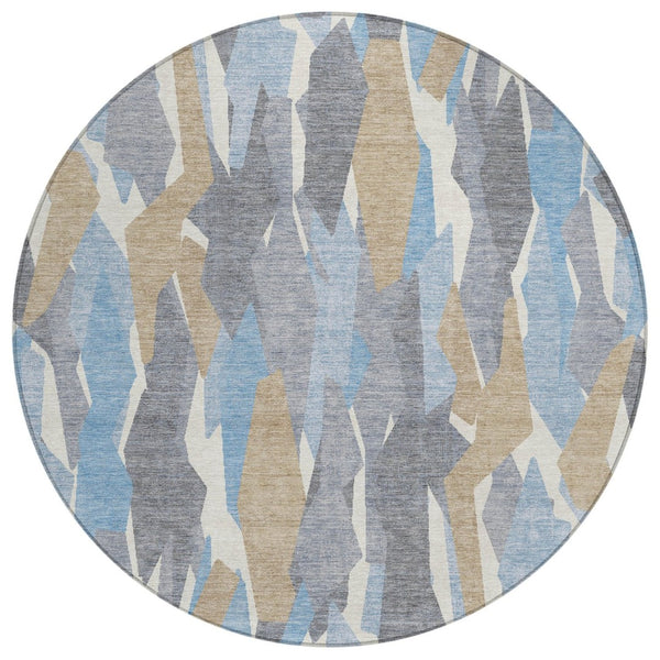 HomeRoots 8' Round Striped Area Rug in Denim Blue, Khaki & Ivory – Washable, Durable & Perfect for Indoor/Outdoor Use 659606