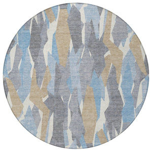 HomeRoots 8' Round Striped Area Rug in Denim Blue, Khaki & Ivory – Washable, Durable & Perfect for Indoor/Outdoor Use 659606