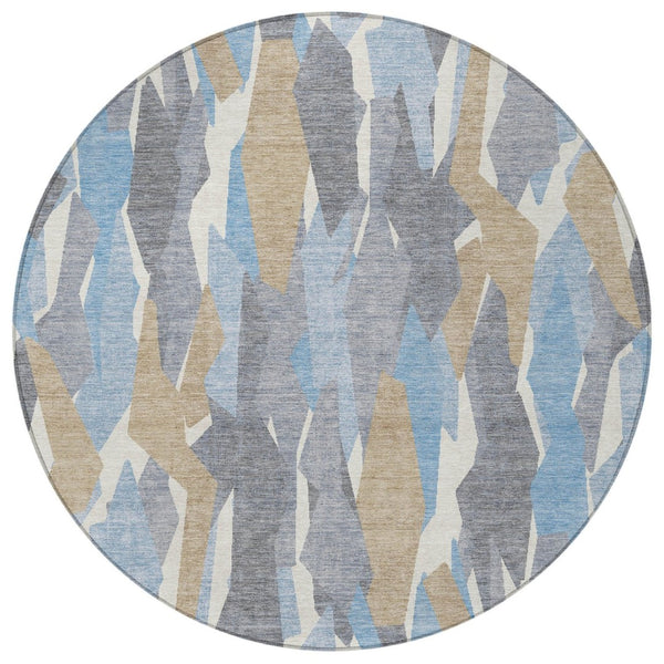 HomeRoots 8' Round Striped Area Rug in Denim Blue, Khaki & Ivory – Washable, Durable & Perfect for Indoor/Outdoor Use 659606