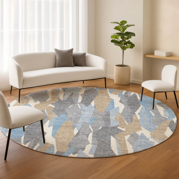 HomeRoots 8' Round Striped Area Rug in Denim Blue, Khaki & Ivory – Washable, Durable & Perfect for Indoor/Outdoor Use 659606