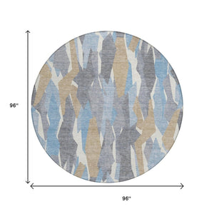 HomeRoots 8' Round Striped Area Rug in Denim Blue, Khaki & Ivory – Washable, Durable & Perfect for Indoor/Outdoor Use 659606