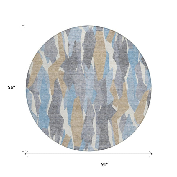 HomeRoots 8' Round Striped Area Rug in Denim Blue, Khaki & Ivory – Washable, Durable & Perfect for Indoor/Outdoor Use 659606