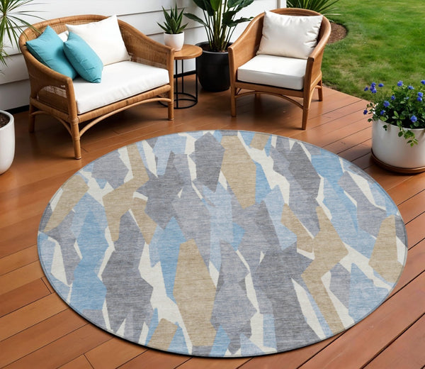 HomeRoots 8' Round Striped Area Rug in Denim Blue, Khaki & Ivory – Washable, Durable & Perfect for Indoor/Outdoor Use 659606