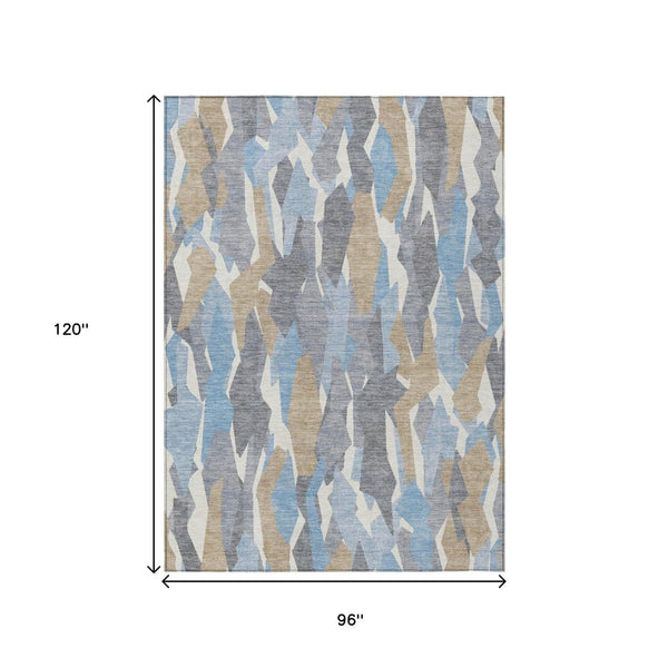 HomeRoots 8' Denim Blue Khaki Ivory Striped Washable Area Rug - Indoor Outdoor Durable Design for All Spaces 659607