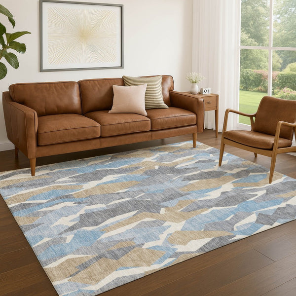 HomeRoots 8' Denim Blue Khaki Ivory Striped Washable Area Rug - Indoor Outdoor Durable Design for All Spaces 659607