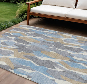 HomeRoots 9' X 12' Striped Denim Blue, Khaki & Ivory Washable Area Rug - Durable, Stylish for Indoor/Outdoor Use 659608