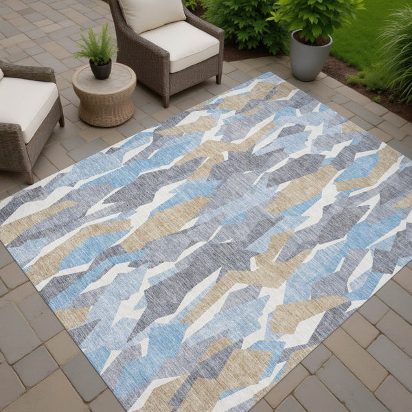 HomeRoots 10' Denim Blue Khaki Ivory Striped Area Rug - Durable, Machine Washable for Indoor & Outdoor Use 659609