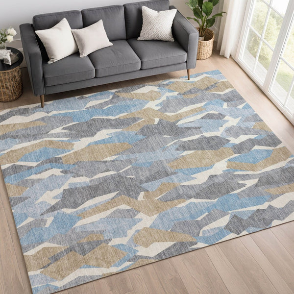HomeRoots 10' Denim Blue Khaki Ivory Striped Area Rug - Durable, Machine Washable for Indoor & Outdoor Use 659609