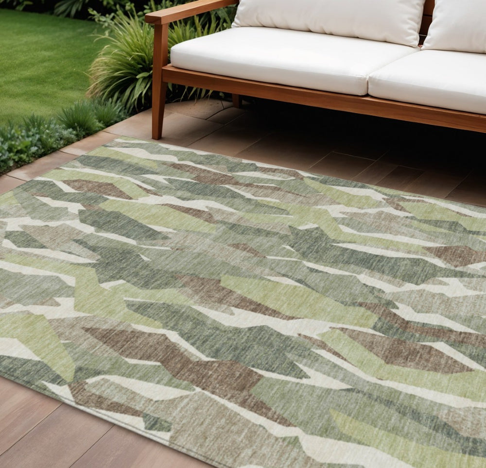 HomeRoots 8' X 10' Durable Fern Green Tan Ivory Striped Washable Area Rug - Perfect for Indoor & Outdoor Use! 659613