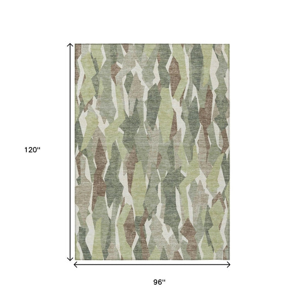 HomeRoots 8' X 10' Durable Fern Green Tan Ivory Striped Washable Area Rug - Perfect for Indoor & Outdoor Use! 659613