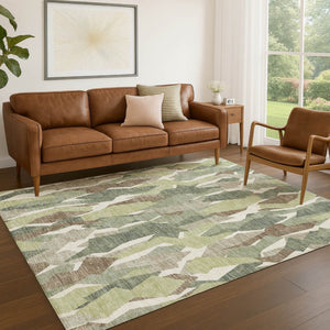 HomeRoots 8' X 10' Durable Fern Green Tan Ivory Striped Washable Area Rug - Perfect for Indoor & Outdoor Use! 659613
