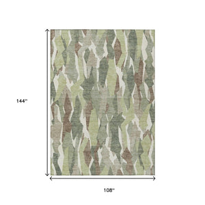HomeRoots 9' X 12' Striped Washable Area Rug in Fern Green, Tan & Ivory – Stylish Indoor/Outdoor Décor Solution 659614