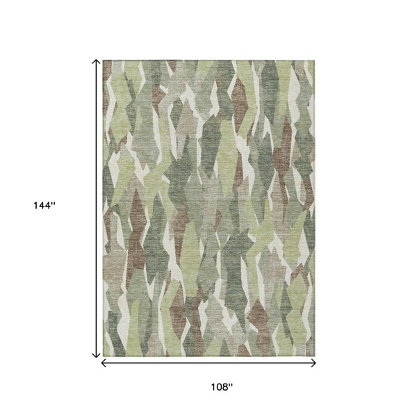 HomeRoots 9' X 12' Striped Washable Area Rug in Fern Green, Tan & Ivory – Stylish Indoor/Outdoor Décor Solution 659614