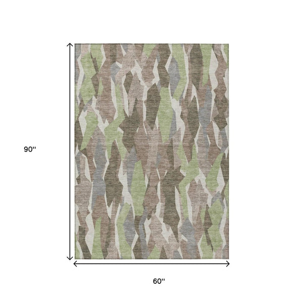 HomeRoots 5' Stylish Coffee Fern Green & Khaki Striped Washable Area Rug for Indoor/Outdoor Use, Durable & Chic 659617