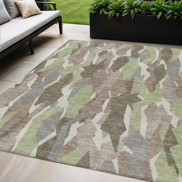 HomeRoots 5' Stylish Coffee Fern Green & Khaki Striped Washable Area Rug for Indoor/Outdoor Use, Durable & Chic 659617