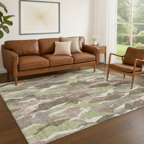 HomeRoots 5' Stylish Coffee Fern Green & Khaki Striped Washable Area Rug for Indoor/Outdoor Use, Durable & Chic 659617
