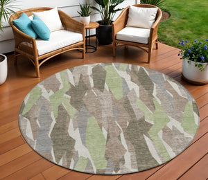 HomeRoots 8' Round Striped Area Rug in Coffee, Fern Green & Khaki - Durable, Washable for Indoor & Outdoor Use 659618