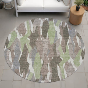 HomeRoots 8' Round Striped Area Rug in Coffee, Fern Green & Khaki - Durable, Washable for Indoor & Outdoor Use 659618