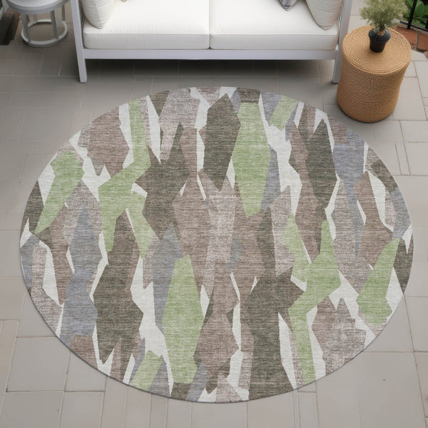 HomeRoots 8' Round Striped Area Rug in Coffee, Fern Green & Khaki - Durable, Washable for Indoor & Outdoor Use 659618