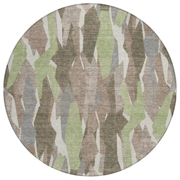 HomeRoots 8' Round Striped Area Rug in Coffee, Fern Green & Khaki - Durable, Washable for Indoor & Outdoor Use 659618
