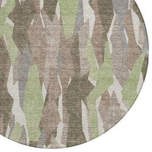 HomeRoots 8' Round Striped Area Rug in Coffee, Fern Green & Khaki - Durable, Washable for Indoor & Outdoor Use 659618