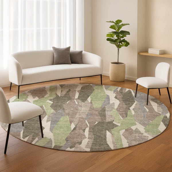 HomeRoots 8' Round Striped Area Rug in Coffee, Fern Green & Khaki - Durable, Washable for Indoor & Outdoor Use 659618