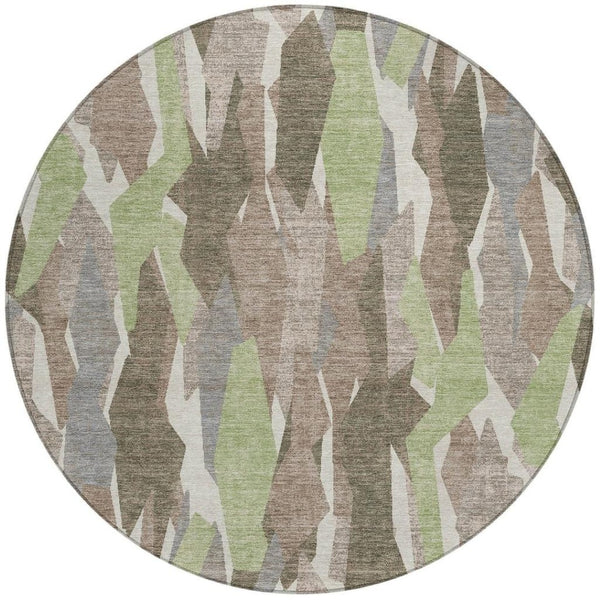 HomeRoots 8' Round Striped Area Rug in Coffee, Fern Green & Khaki - Durable, Washable for Indoor & Outdoor Use 659618