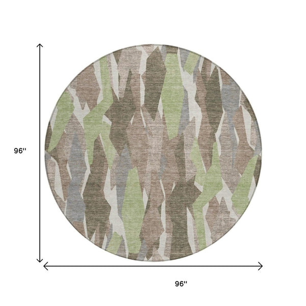 HomeRoots 8' Round Striped Area Rug in Coffee, Fern Green & Khaki - Durable, Washable for Indoor & Outdoor Use 659618