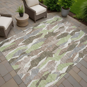 HomeRoots 8' X 10' Striped Area Rug in Coffee, Fern Green & Khaki - Washable, Durable, Indoor/Outdoor Use! 659619