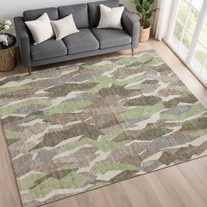 HomeRoots 8' X 10' Striped Area Rug in Coffee, Fern Green & Khaki - Washable, Durable, Indoor/Outdoor Use! 659619