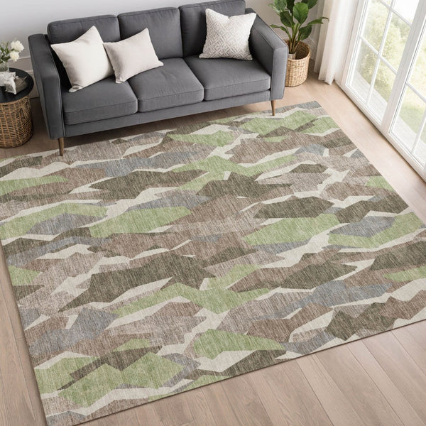 HomeRoots 8' X 10' Striped Area Rug in Coffee, Fern Green & Khaki - Washable, Durable, Indoor/Outdoor Use! 659619