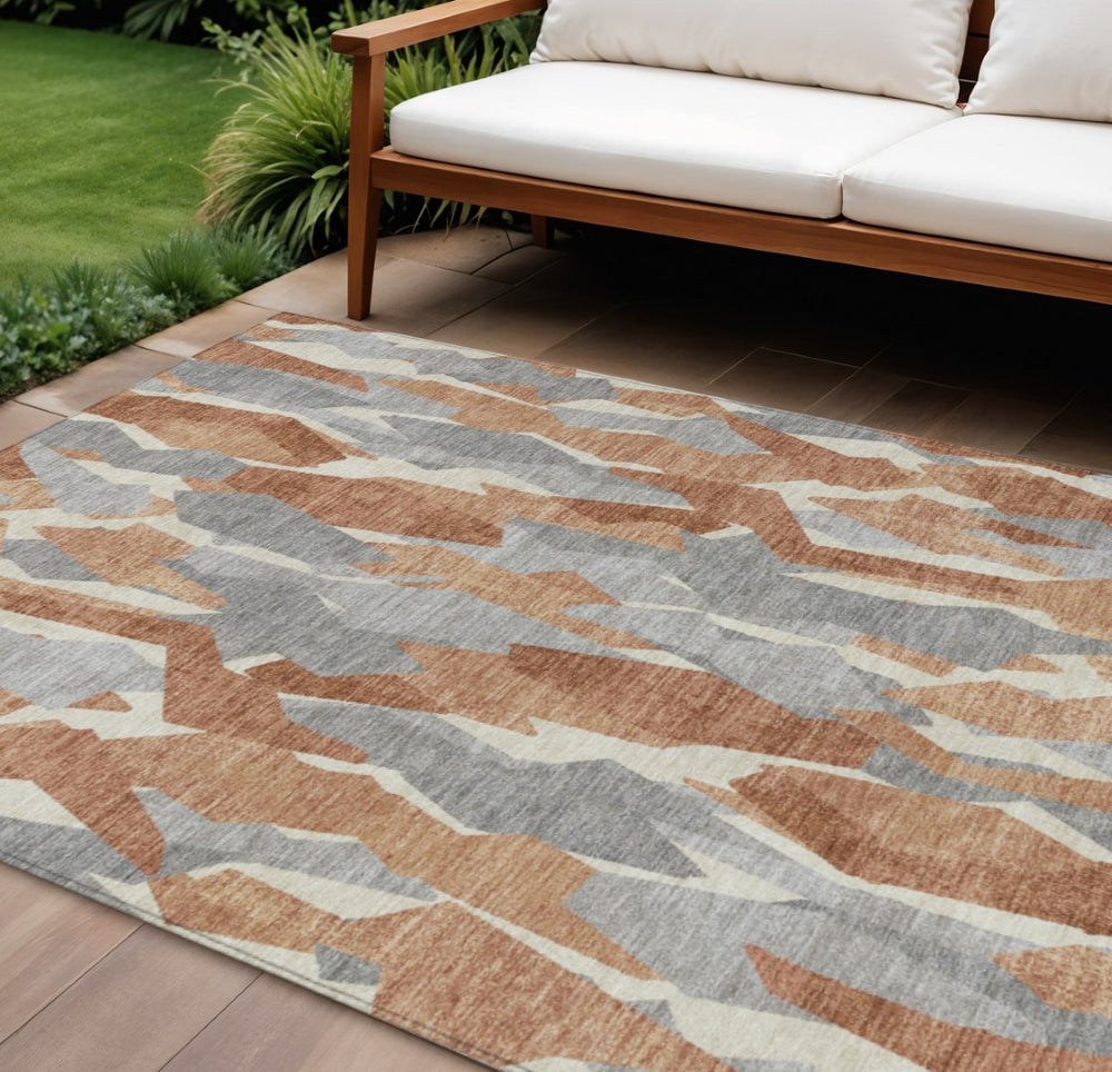 HomeRoots 8' X 10' Chili Red, Granite Gray & Ivory Striped Area Rug - Washable, Durable for Indoor/Outdoor Use 659625