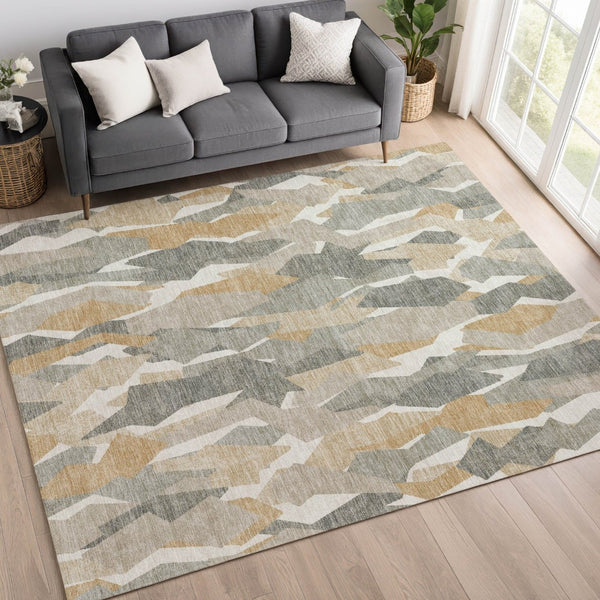 HomeRoots 9' X 12' Durable Pewter Wheat Ivory Striped Area Rug - Washable for Indoor & Outdoor Use, Stylish Charm 659632