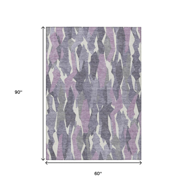 HomeRoots 5' X 8' Stylish Purple Gray Ivory Striped Washable Rug - Durable Indoor/Outdoor Comfort & Versatility 659635