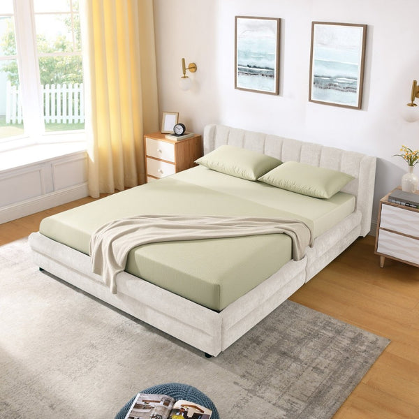 English Elm Queen Chenille Upholstered Storage Bed Wingback Headboard Platform Frame Bedroom Beige W487S00417